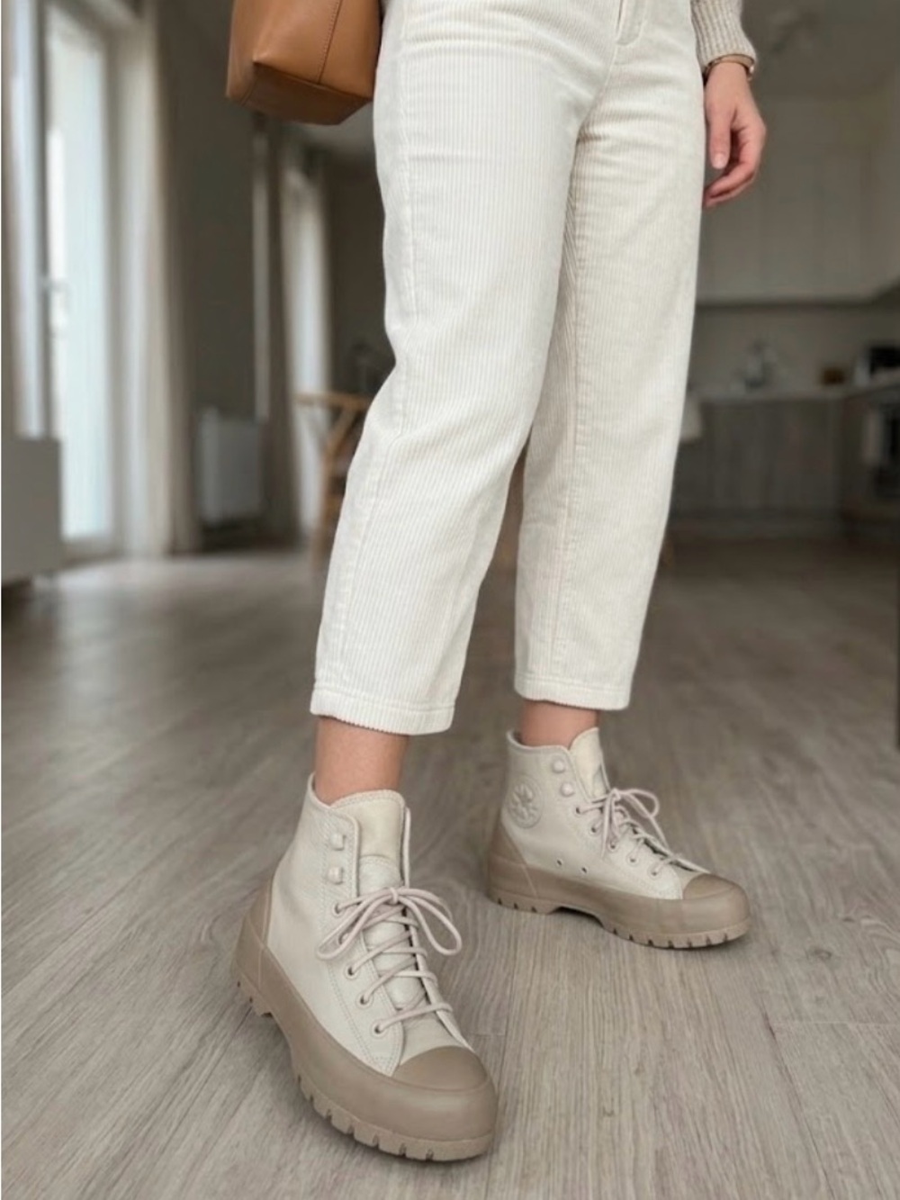 Neutral High-Top Lace-Up converse boots in Beige
